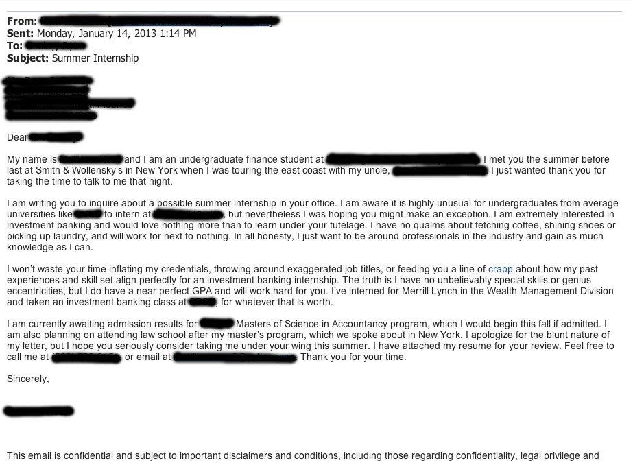 Screenshot of student's incredibly honest cover letter