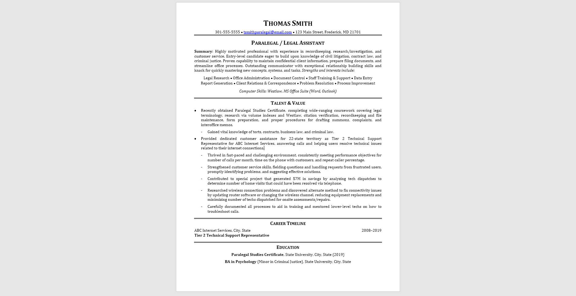 Sample resume focused on transferable skills