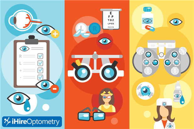 Graphic showing different optometry jobs and job seekers. Illustration