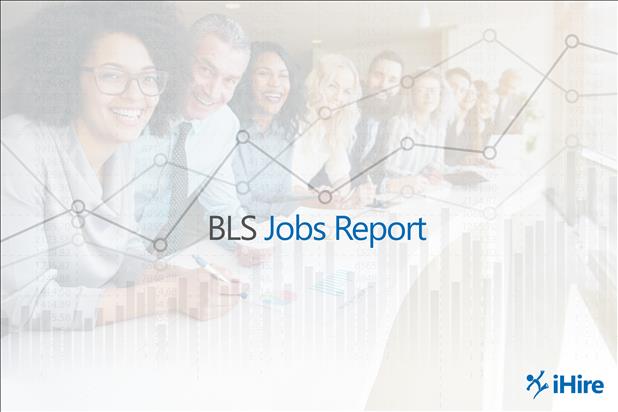 Group of smiling professionals with BLS jobs report and graph superimposed over image