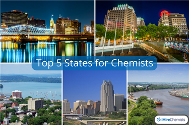 Collage displaying the five best states for chemistry jobs