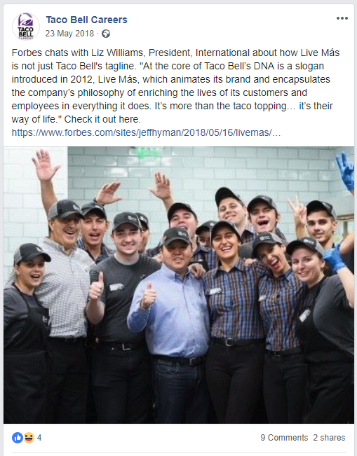 screen shot of a taco bell careers facebook page post