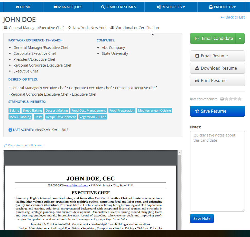 screen shot of ihire's resume search tool with a full view of a candidate resume