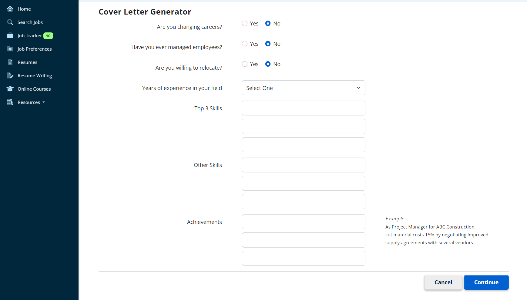 Cover letter generator questionnaire screenshot
