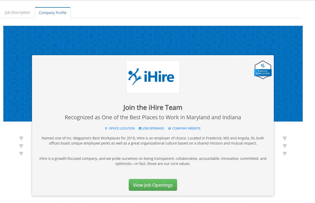 screenshot of ihire's company profile with the choice employer badge