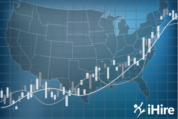 Image of the continental US map with overlay of a financial chart
