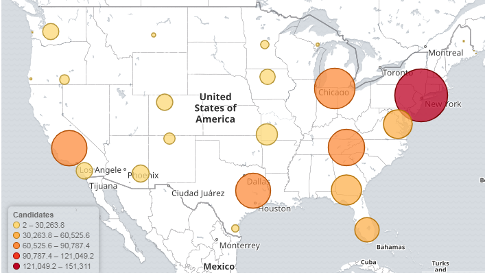 Heatmap showing concentration of job seekers in specific US metropolitan areas