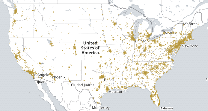 Heatmap showing concentration of job seekers throughout the continental US.