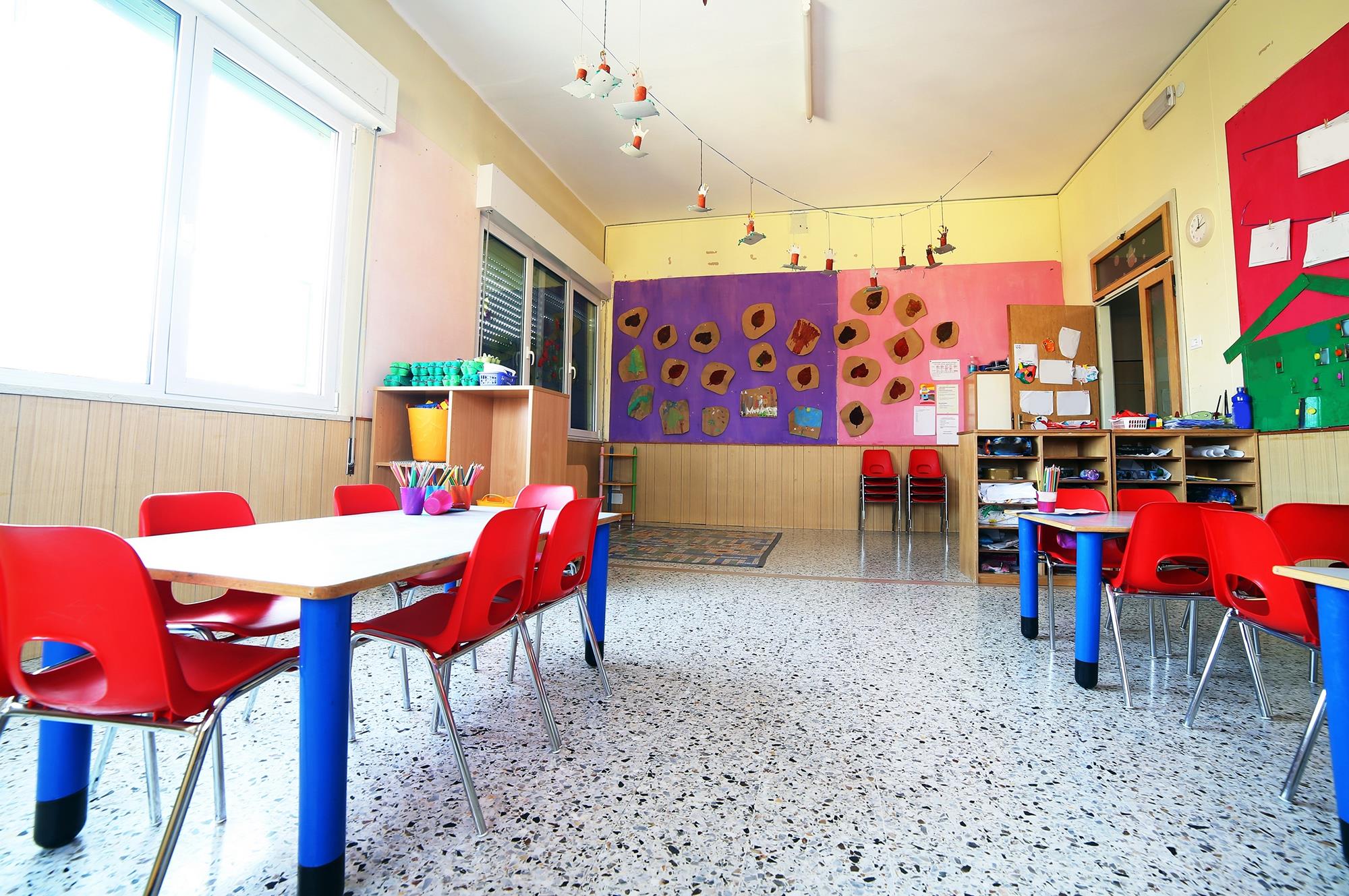 Room in a daycare with chairs and toys