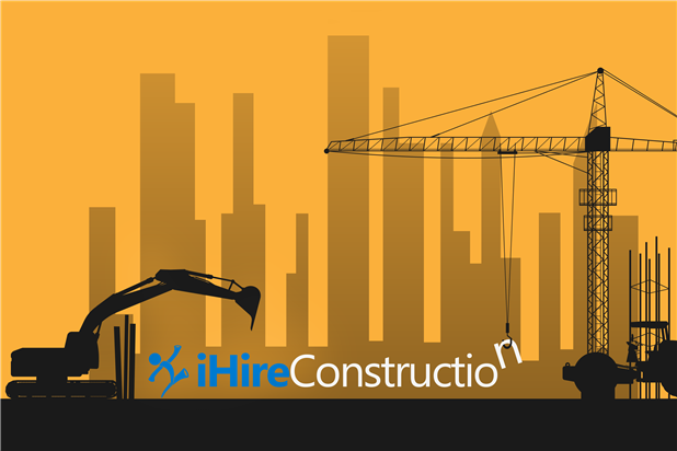 iHireConstruction logo against backdrop of skyline under construction. Illustration.