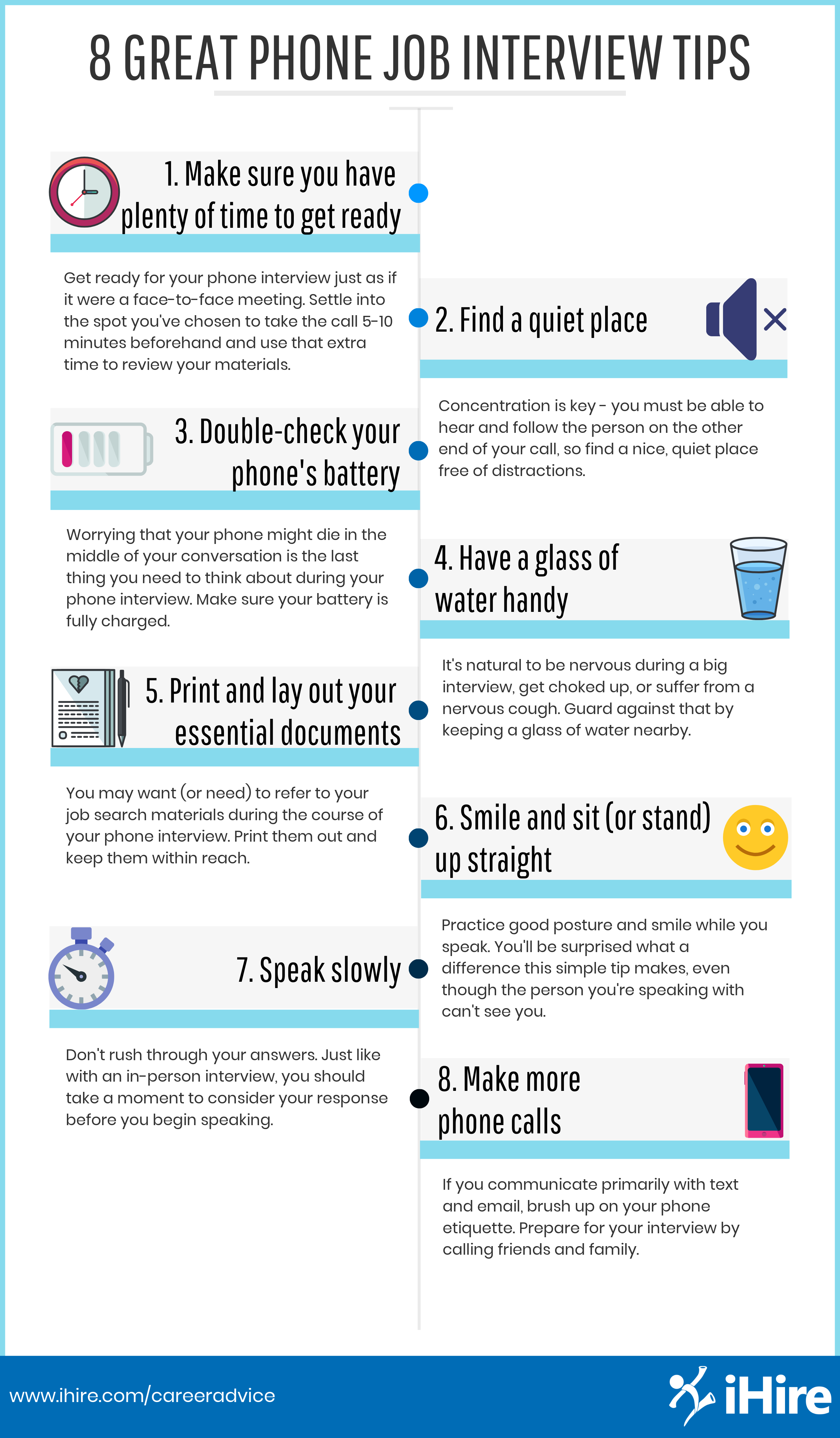 iHire's phone interview guide infographic with 8 great phone job interview tips