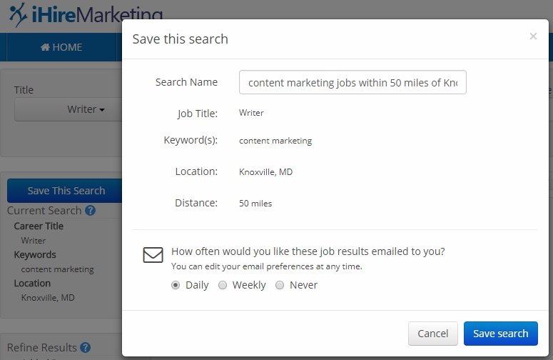 Don't forget to name your saved search and select how often you want results sent to your inbox!