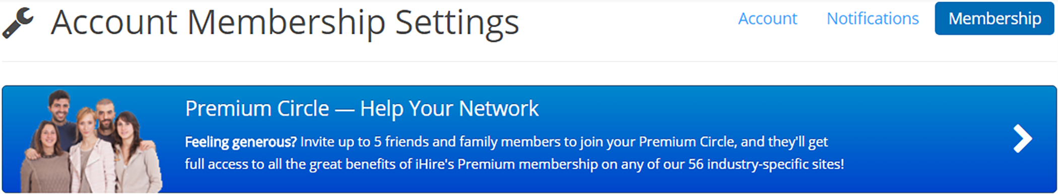 Screenshot of iHire's Account Membership settings
