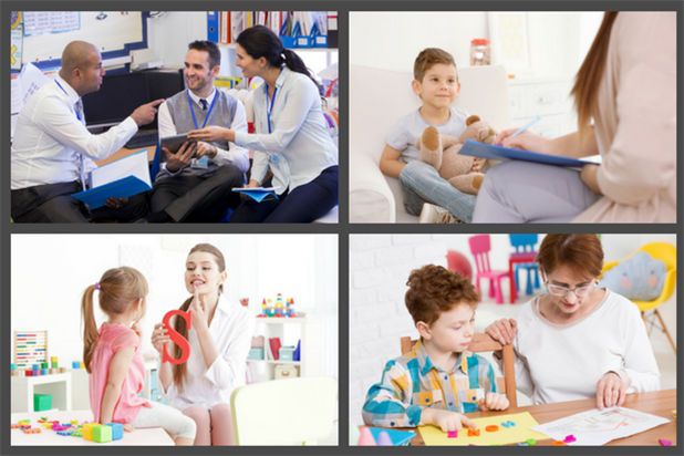 Collage of school administration roles including instructional designer, school psychologist, speech-language pathologist, and occupational therapist