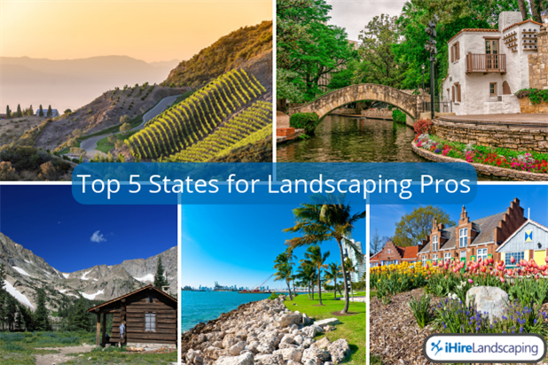 Collage showing the best areas for landscaping jobs in the united states
